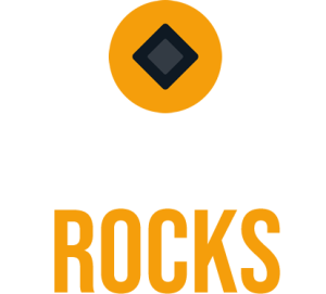 Logo featuring an orange circle with a dark diamond inside, above the bold orange word ROCKS.