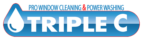 Logo for Triple C Pro Window Cleaning & Power Washing featuring a water droplet icon and bold white 'TRIPLE C' text on a blue gradient banner.