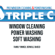 Triple C logo for window cleaning and power washing with a blue gradient banner and water droplet icon, includes 'family owned, Denville based' text far below.