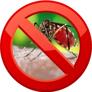 Prohibition sign with a mosquito in the background, indicating no mosquitoes or mosquito control.