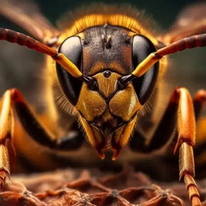 Close-up of a hornet's face, showing large compound eyes, orange-brown head, and extended antennae.
