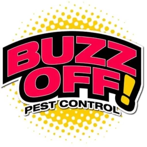 Buzz Off! Pest Control logo with bold pink text and a yellow dotted background.