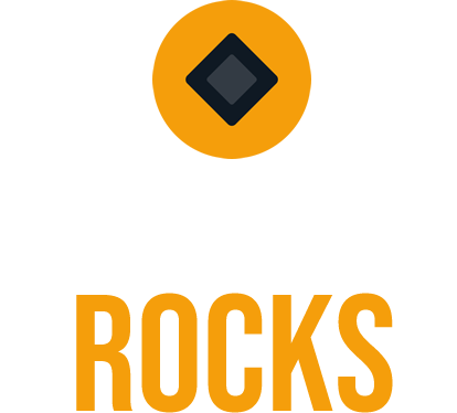 Logo Stacked White Denville Logo featuring an orange circle with a dark diamond inside, above the bold orange word ROCKS.