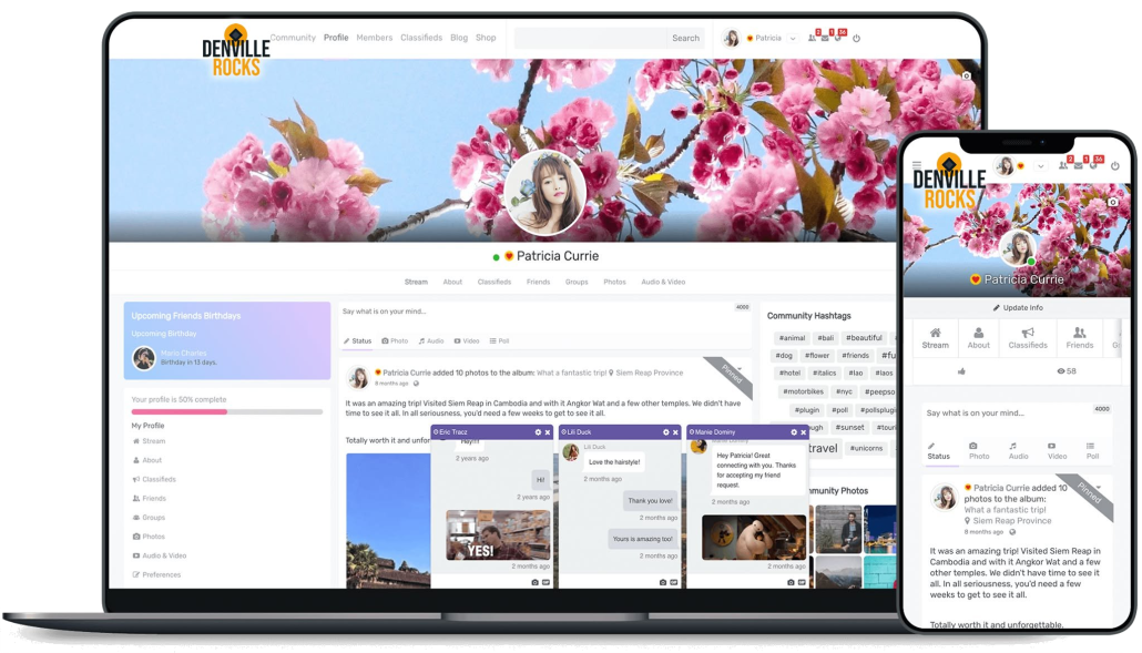 Social_Club_nobg Laptop and smartphone screens show a social network profile page with a pink cherry blossom banner and Denville Rocks logo; user Patricia Currie’s profile is centered with a circular avatar.